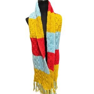 Bp. NWT Cable Knit Muffler Wrap Scarf OS Colorful Crochet Fringe Cozy Colorblock
